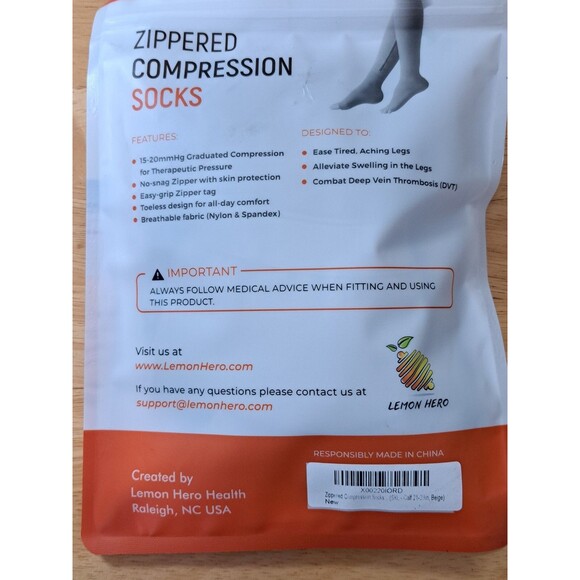 Lemon Hero Health Open Toe Zippered Compression Socks 20-30 mmHg Nude Beige 5XL - Picture 3 of 9
